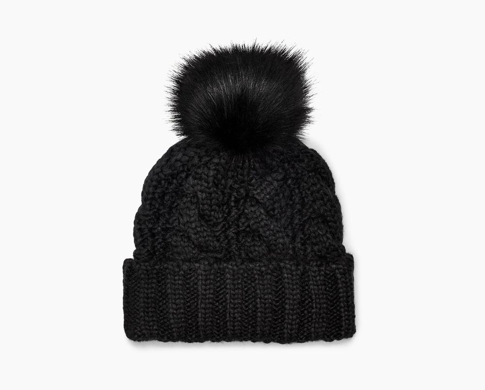 Ugg Knit Cable Faux Fur Pom - Womens Beanies - Black - NZ (8763DYSUE)